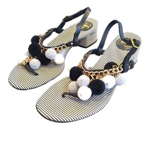 Butter Stripped Pompom Sandals with Chunky Heel, Made in Italy, Size 9.5